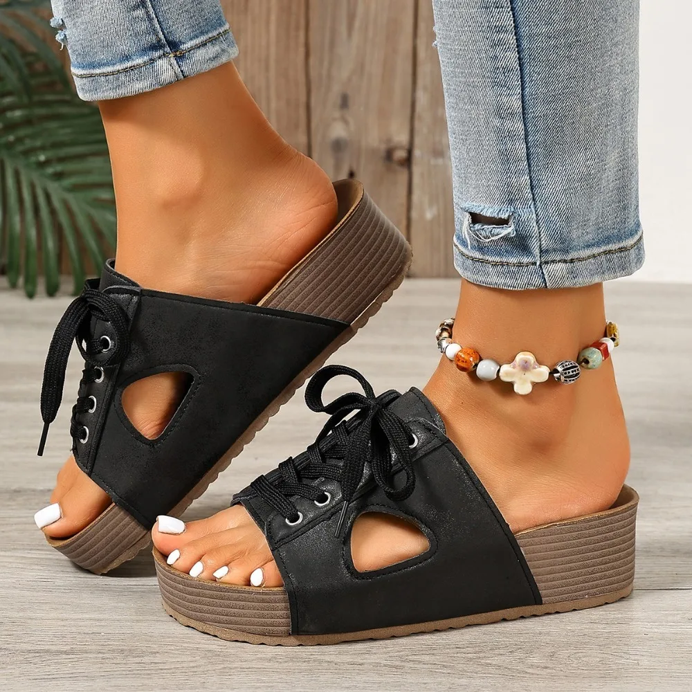 Women Vintage Distressed Wedge Slide Sandals Lace Up Cutout Open Toe Slip on Slippers Ladies Summer Casual Platform Slides