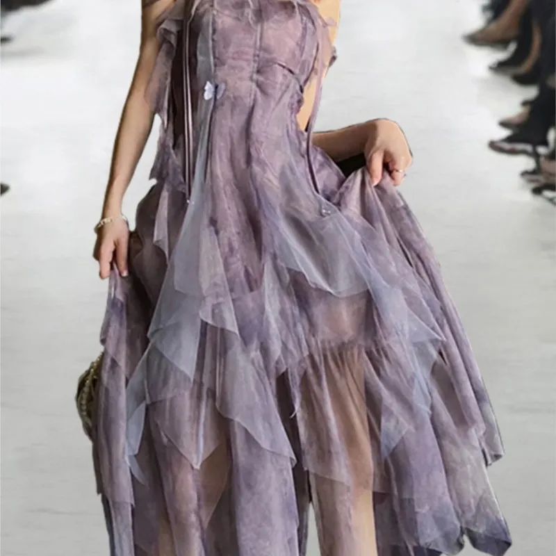 

Gentle style irregular design with halter straps vacation mesh chiffon dress
