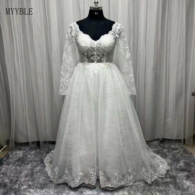 Real Photo Lace Appliques Wedding Dresses Long Sleeve Vestidos De Novia 2022 White Custom Made V Neck Boho Bride Gowns Plus Size Wedding Dresses
