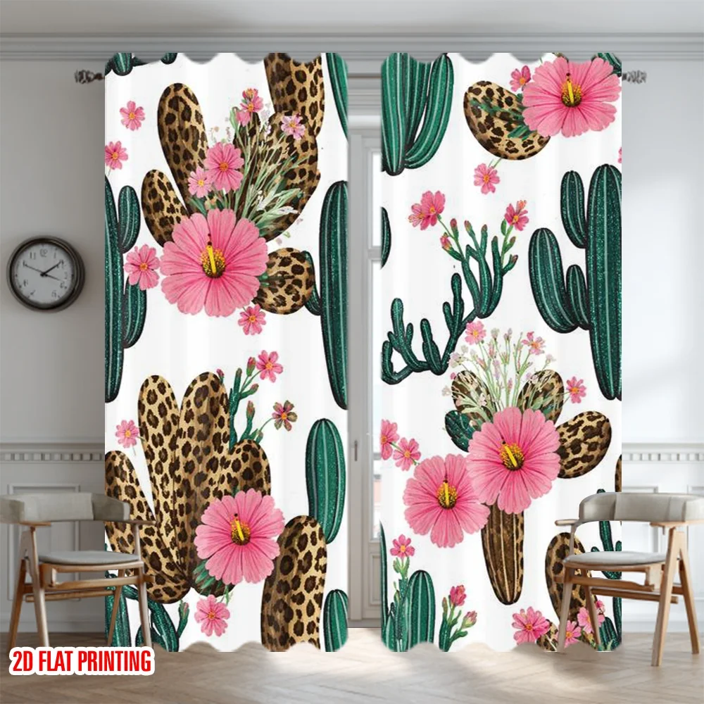 2D flat printing 2pcs Curtain Curtain Cactus and Pink Flowers Digital Printed Polyester Drapes All Season Party & Holiday Decor