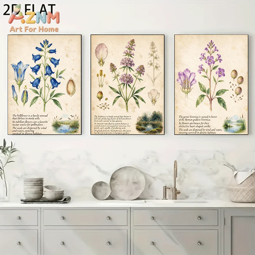AZNM Frameless Canvas Wall Art, Vintage Botanical Wildflower Illustration Print, Antique Plant Diagram Wall Decor for Living Roo