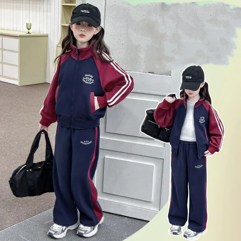 

Girls Patchwork Striped Zip Sweatshirt Jacket+Sweatpant Workout Set School Kid 2PCS Tracksuit Children Outfit Jogger Suit 5-16Yr