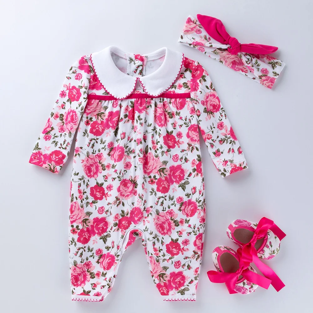 Floral Newborn Baby Girl Sets Romper+Cap+Shoes 3Pcs Suits Cotton New Born Infant Toddler Little Girls Clothes Bebes Overall