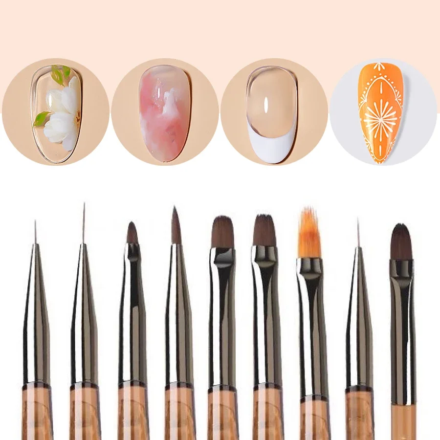 Ensemble de pinceaux à ongles, 9 pièces, stylos de travail détaillés, poignées brunes élégantes, Gel Nail Art, peinture à lignes fines, Kit d'outils professionnels à usage domestique