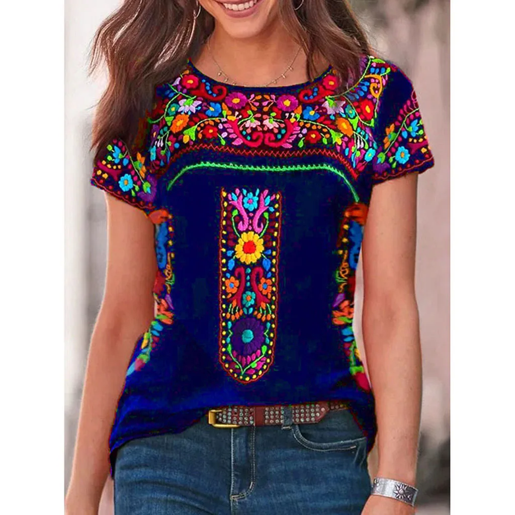 Bohemian style short sleeve V-neck women top 3D printed color Mexican flower T-shirt printed shirt New basic T-shirt