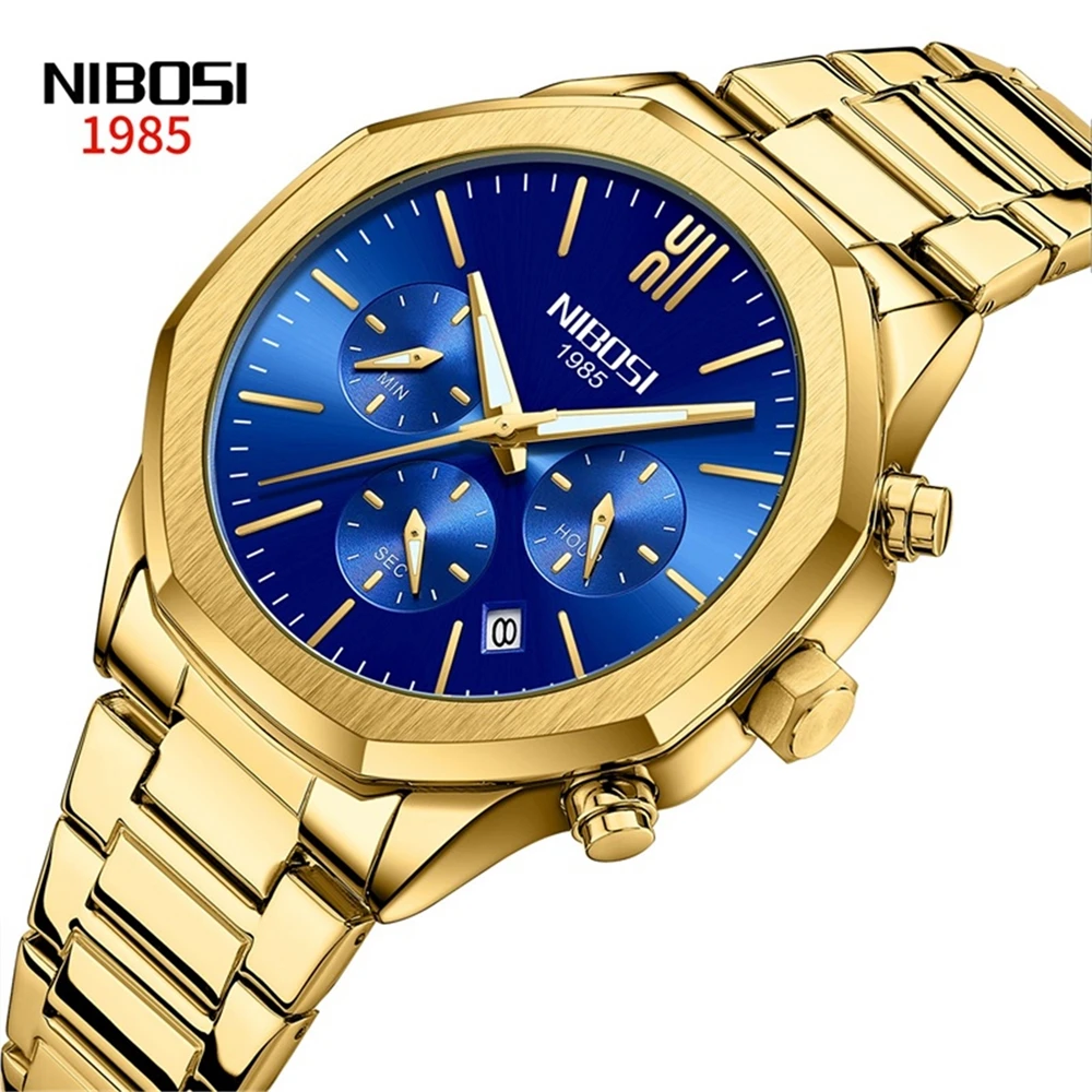 

NIBOSI Mens Watches Top Brand Luxury Stainless Steel Strap Gold Blue Quartz Watch Waterproof Date Sport Chronograph Wristwatches