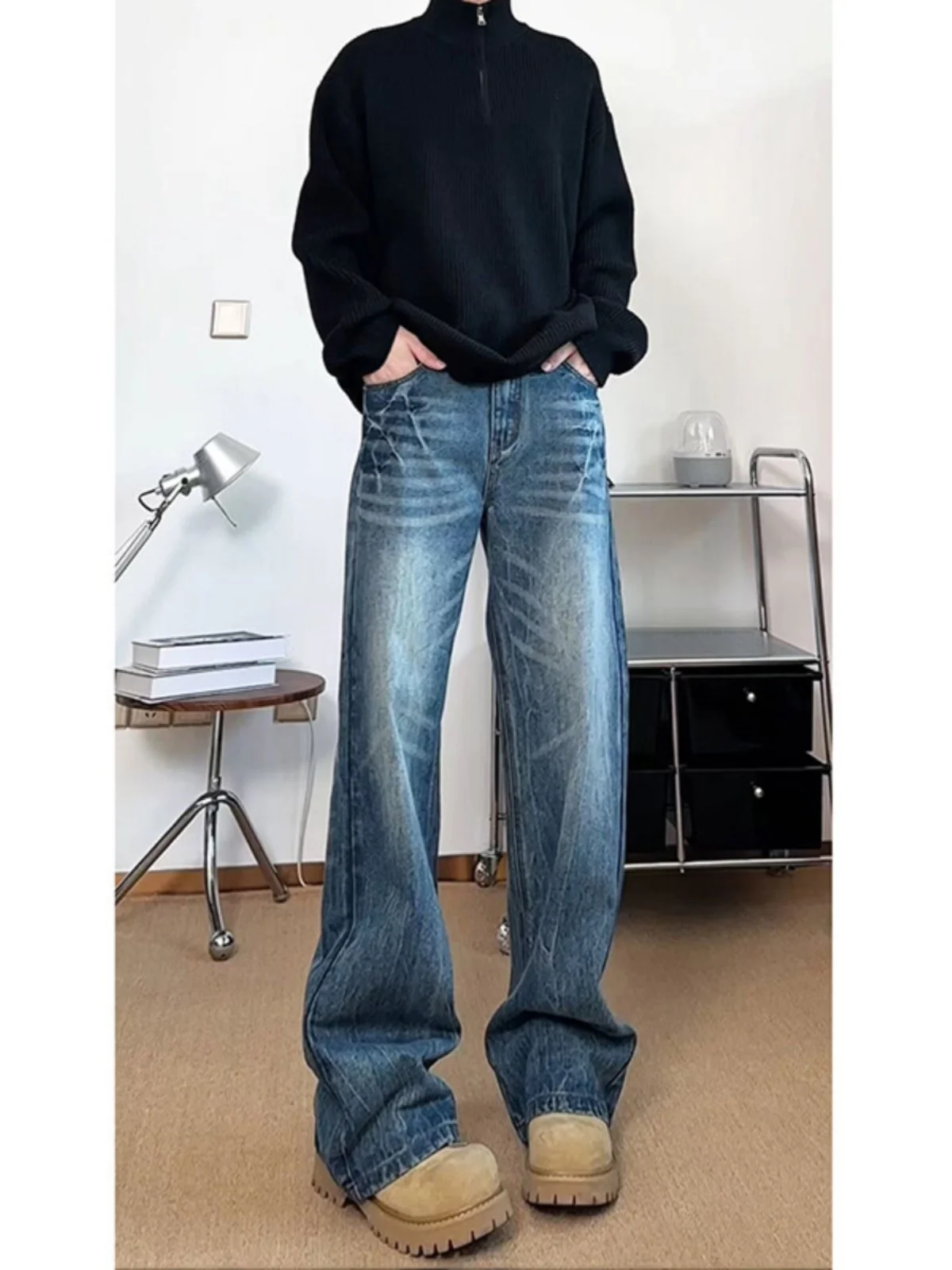 

Мужские джинсы из синего выстиранного денима, весенне-осенний стиль, прямой крой, американский уличный стиль, слегка расклешенные брюки