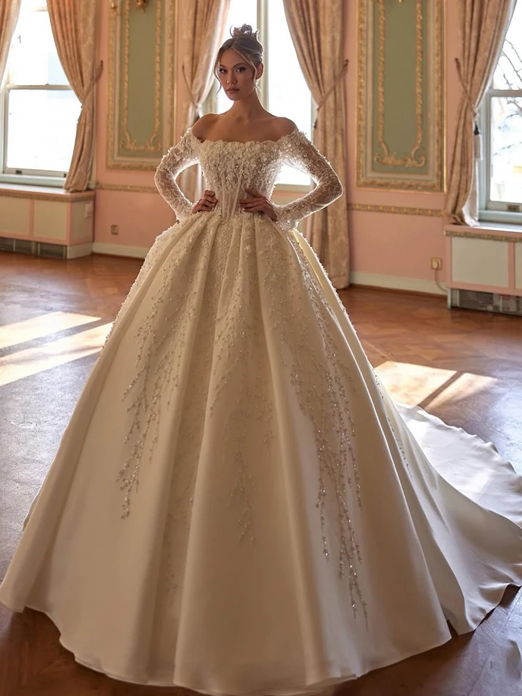 Elegantes Hochzeitskleid aus Taft mit Perlenstickerei, Satin-Ballkleid, U-Boot-Ausschnitt, volle Ärmel, Brautkleid, maßgeschneidert, Vestido De Novia, Spitzenrobe