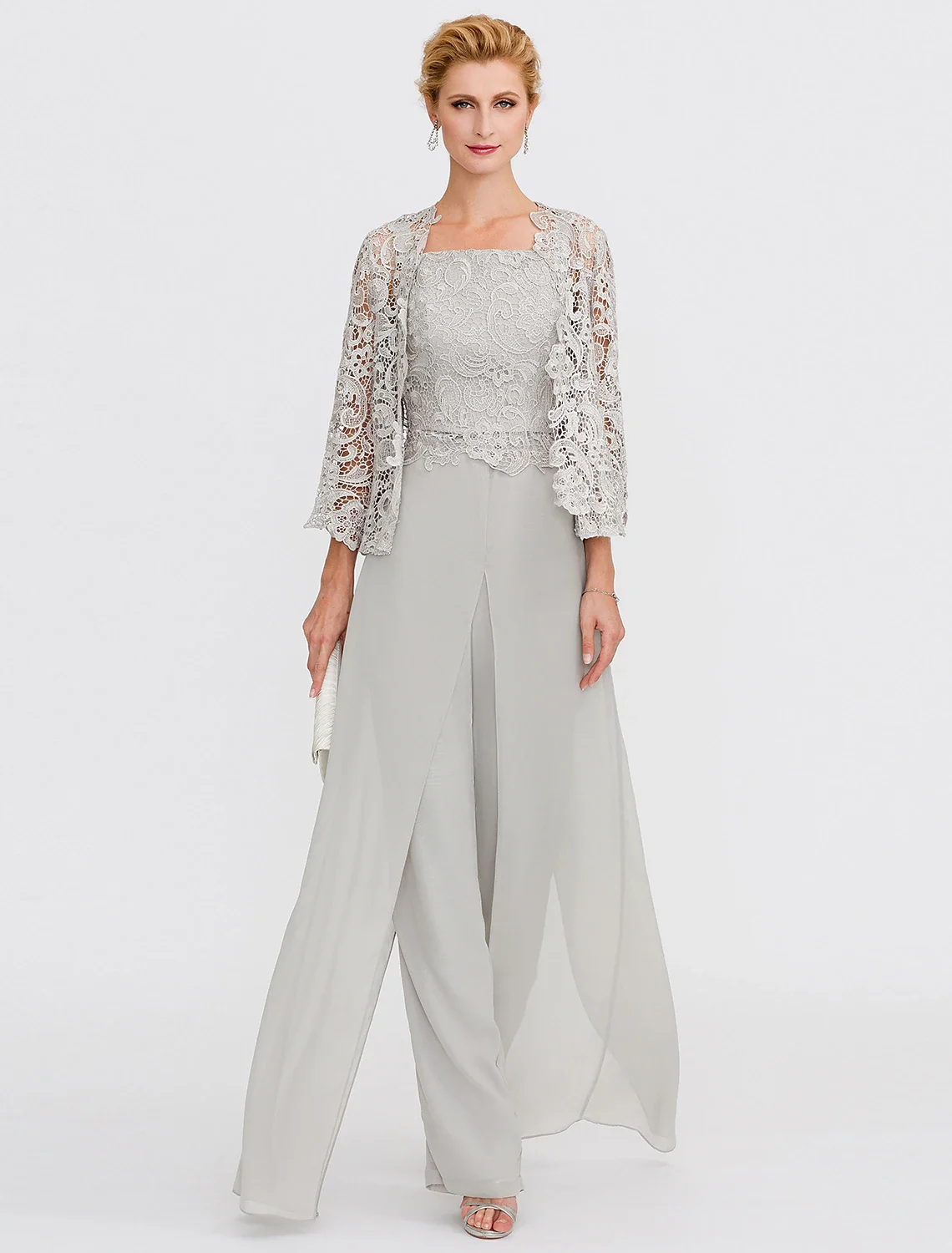 

Elegant 3 Piece Jumpsuit Evening Dress Square Neck 3/4 Sleeve Chiffon Lace Appliques Floor Length Plus Size 2025 Free Customized