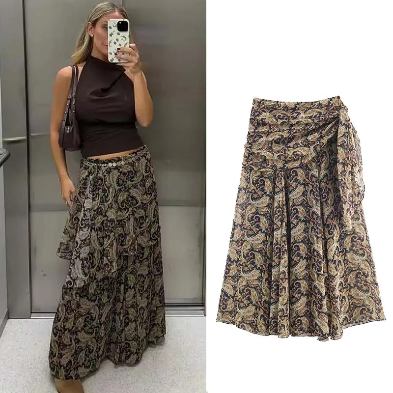 التنانير النسائية التجاعيد 2025 المرأة الصيف الخريف موضة جديدة الترفيه طباعة عالية الخصر التنانير النساء أنيقة التنانير الحفلات