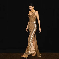 Shiny V-neck Cocktail Dress Spaghetti Strap Side Split Ribbon Mermaid Floor Length Woman Sparkly Pleated Prom Evening Gown 2023