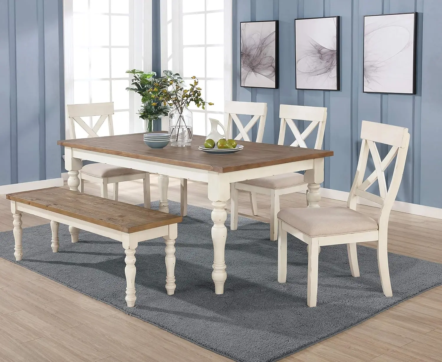 6-Piece Dining Table Set with Cross Back Chairs and Bench, Antique White and Distressed Oak Finish, Scandinavia  dinning table