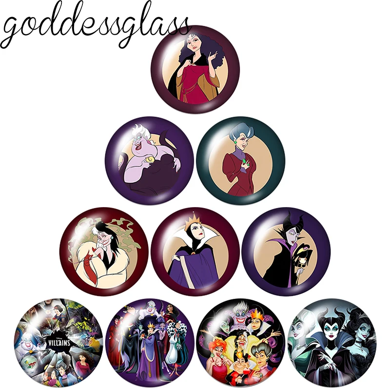 Bösewichte Maleficent Cruella Ursula Evil Runde 12mm/18mm/20mm Fotoglas-Cabochons mit flacher Rückseite für Schlüsselanhänger-Schmuckherstellung