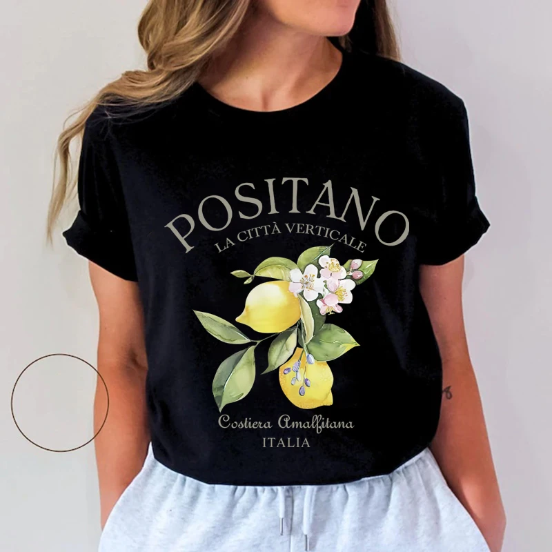 Vintage Fruit Positano Lemon Print T-shirt Fashion Unisex T Shirt Short Sleeve Crew Neck Casual Top Vintage Graphic Tops