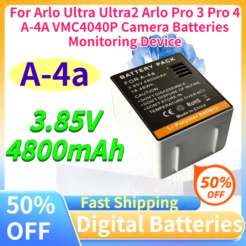A-4a 4800mAh Rechargeable Battery for Arlo Ultra Ultra2 Arlo Pro 3 Pro 4 A-4A VMC4040P 3.85V Camera Batteries Monitoring Device