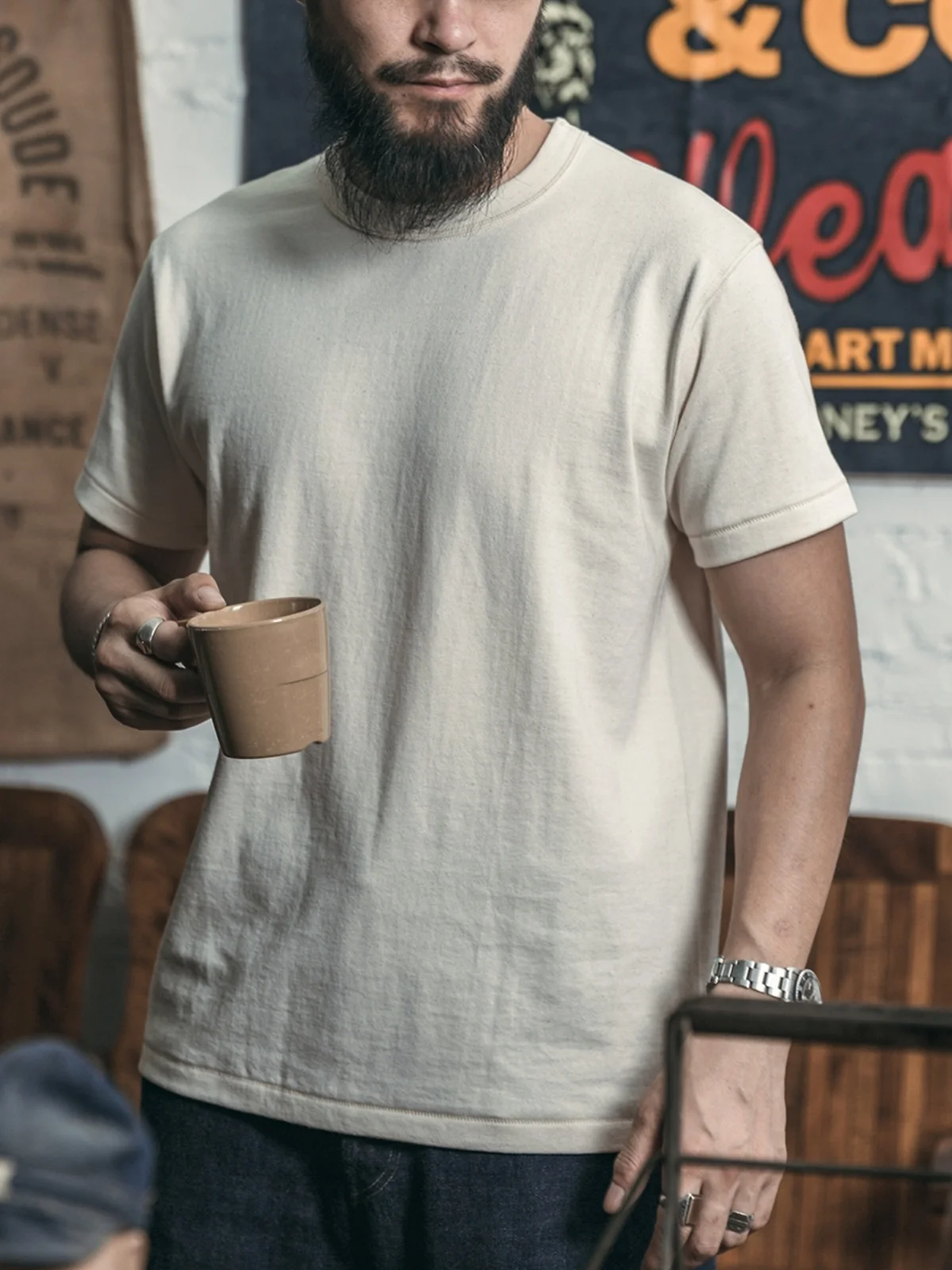 Rugged Bronson Men's Short Sleeve T-Shirt Pure Cotton Standard Fit Casual Wear Long Velvet Washed round Neck Body Base Shirt