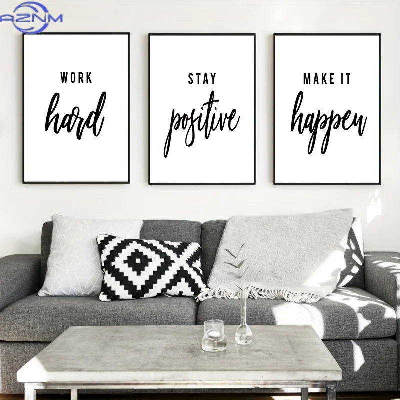 3pcs Motivational Quote Canvas Painting, Work Hard, Stay Positive, Make It Happen, Poster And Prints Office Wall Art, Living Roo