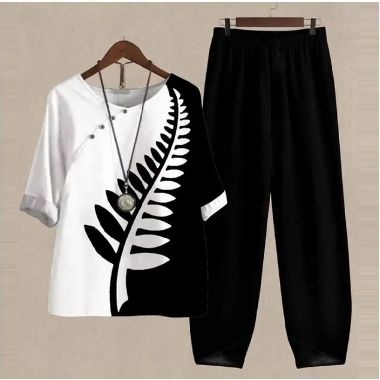 Women 2 Piece Sets Flower Print Half Sleeve Shirt Tops + High Waist Pants Summer Suit Casual Tracksuit Female Outfits S-5XL