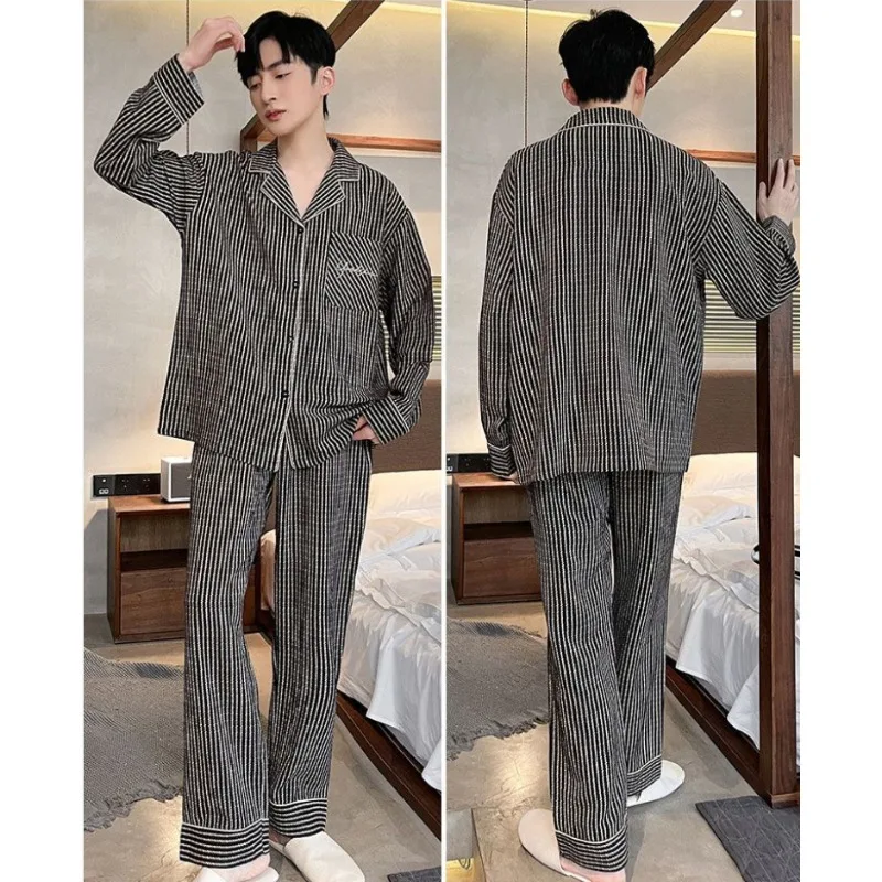 Pajamas Men's Woven Cotton Fabric Bubble Cotton Sleepwear Spring Autumn Summer Loungewear Thin Long Sleeved Home Clothing Set