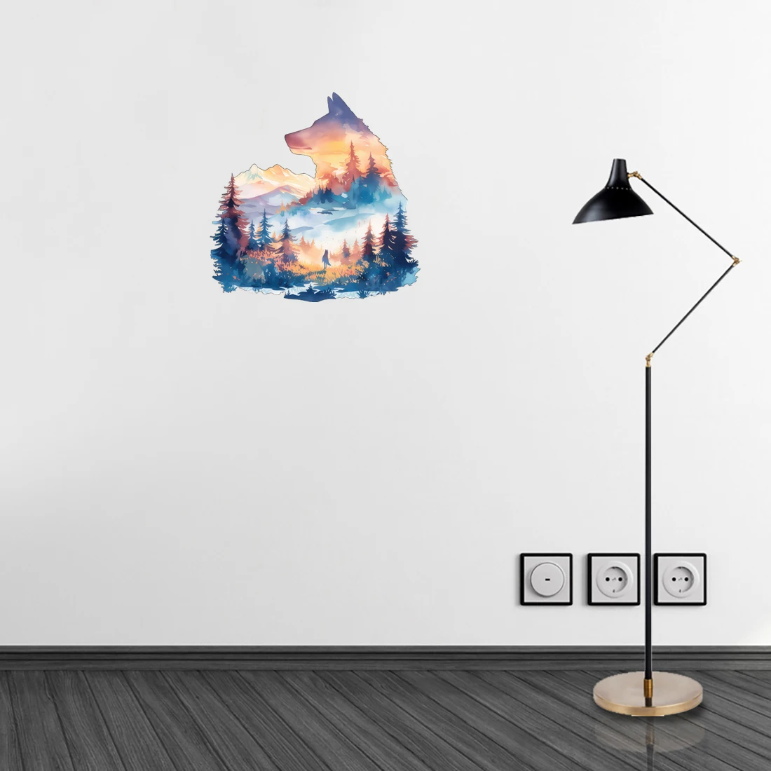 Three Ratels QD174 Wolf shaped mountain watercolor art wall sticker for home decoration toilet decals