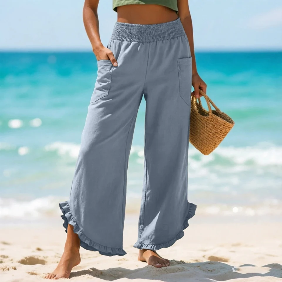 

Vacation Style Wide Leg Pants Women's High Waist Palazzo Pants Summer Beach Pants Solid Color Holiday Flowy Trousers Pantalones
