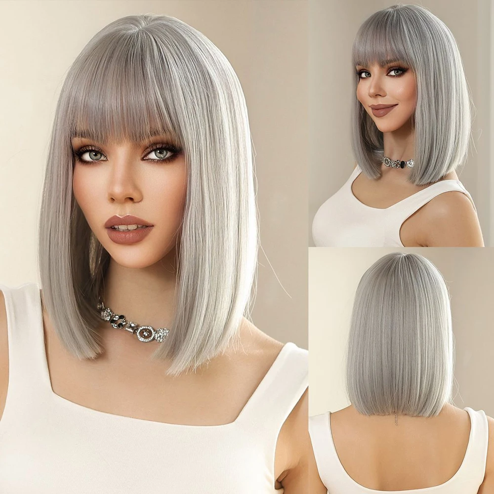 

Gray Brazilian Human Hair Wigs Short Straight Pixie Cut Bob Wig with Pre Plucked Bangs Machine Made for Women 100% Human Hair