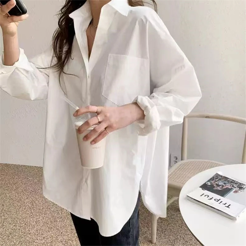 2024 Spring Autumn Women Vintage Minimalist Oversize Shirts Y2K Casual Streetwear Black White Blouse Long Sleeve Chic Tunic Tops