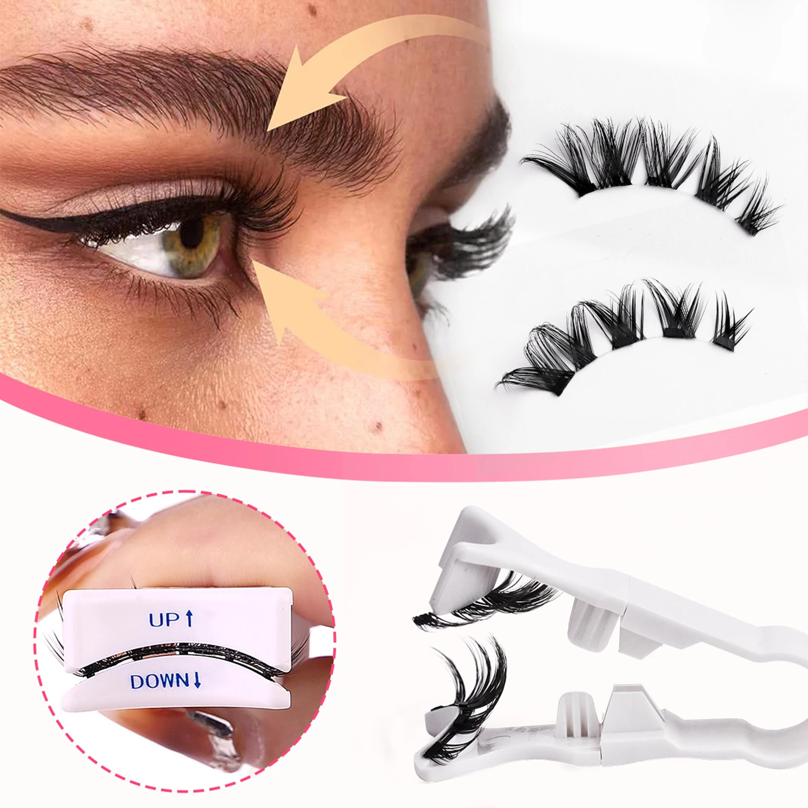 Kit de pestañas magnéticas esponjosas DIY, reutilizable, sin removedor, rizador, volumen, grupos de pestañas con aplicador para maquillaje de belleza de ojos