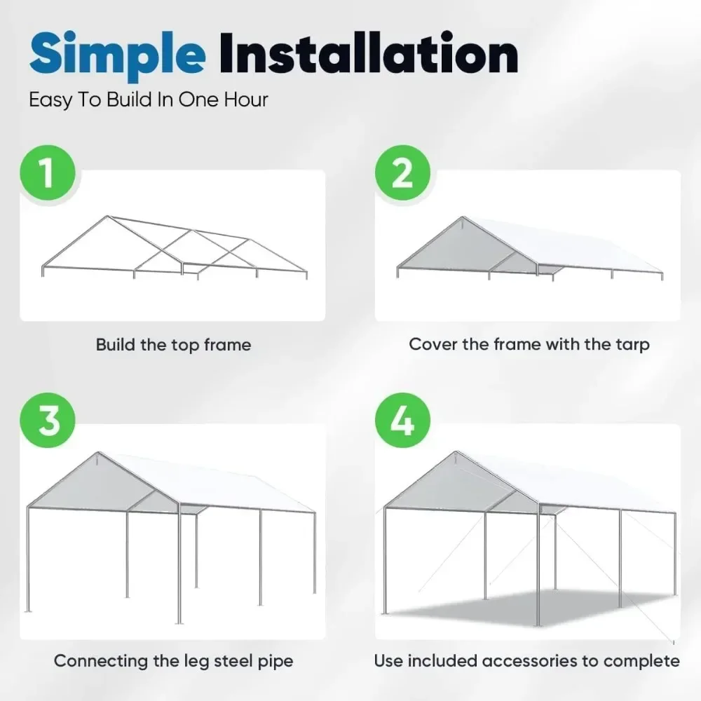 

10x20 ft Heavy Duty Car Canopy Galvanized Frame Carport Outdoor Party Tent Boat Shelter with 3 Reinforced Steel Cables - White