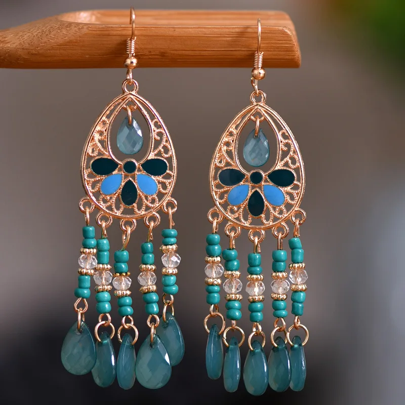 Vintage Ethnic Long Drop Oil Flower Beads Tassel Earrings for Women Boho Gold Color Hollow Acrylic Water Drop Dangle Earrings