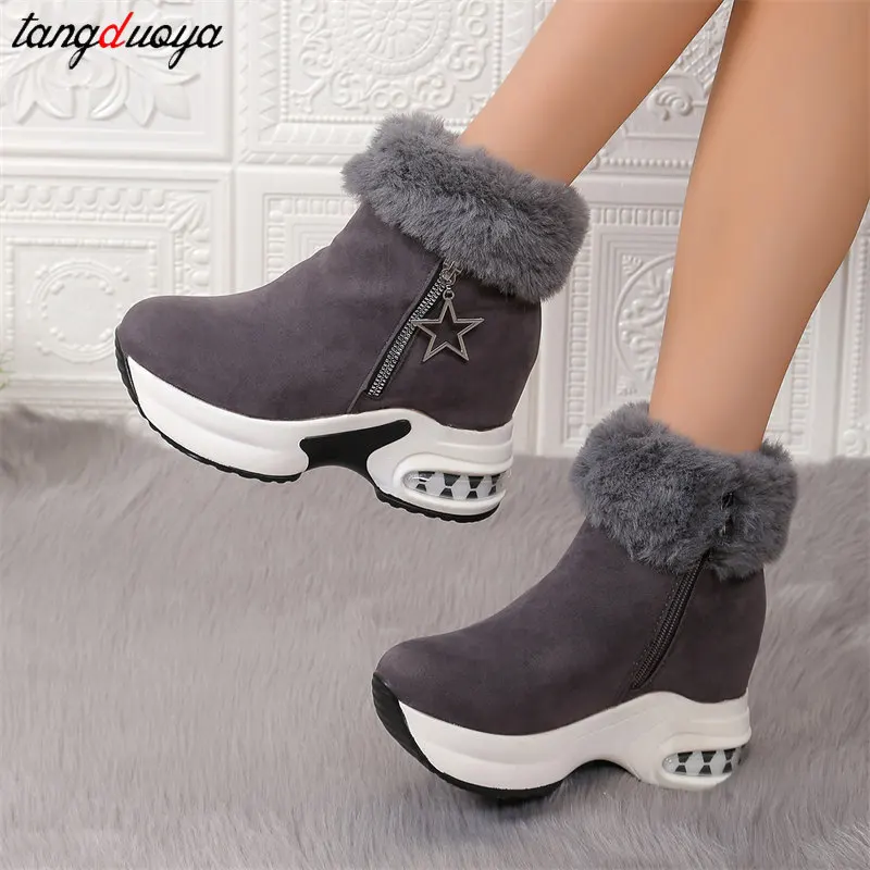 Women\'s Fur Snow Boots Winter Thick Bottom Short Boots wedge Heels Round Toe Warm Plush Platform sneakers Women\'s Ankle Boots