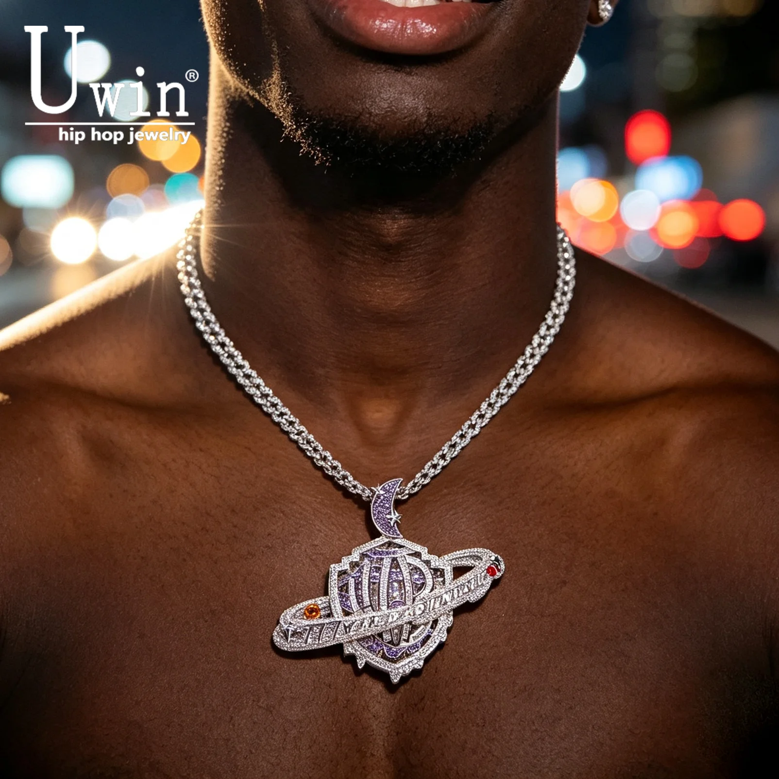 Uwin Iced Out 2 Sizes Planet Moon Letter Pendant Full CZ Zircon Hip Hop Pendant Necklace HipHop Rapper Jewelry For Men