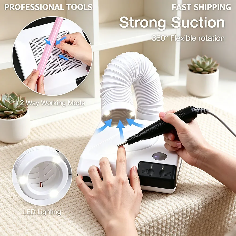 Upgraded Luxury 60W Double Use Nail Vacuum Cleaner Retractable Elbow Nail Dust Extractor Fan With Tube