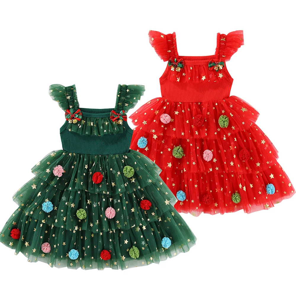 

Рождественское платье-пачка с летающими рукавами для детей от 1 до 6 лет, зеленое платье для девочек, детская кавайная одежда, рождественский костюм принцессы, детское рождественское платье