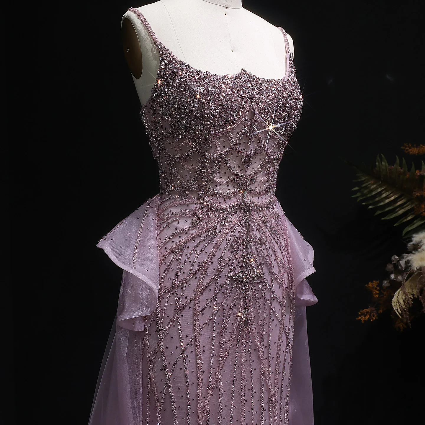 Sharon Said Dubai Rosa Meerjungfrauen-Abendkleid mit Überrock, Rüschen und Spaghettiträgern für Damen, Hochzeitsfeier, Ballkleid SS026, maßgeschneidert – Detail 9