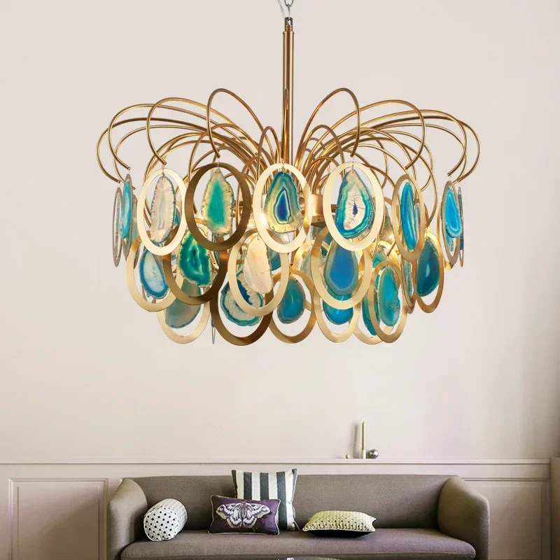 Modern LED Crown Agate Ceiling Chandeliers Light Luxury Living Dining Room Pendant Lamp Home Decor Hanging Light Luster Fixtures