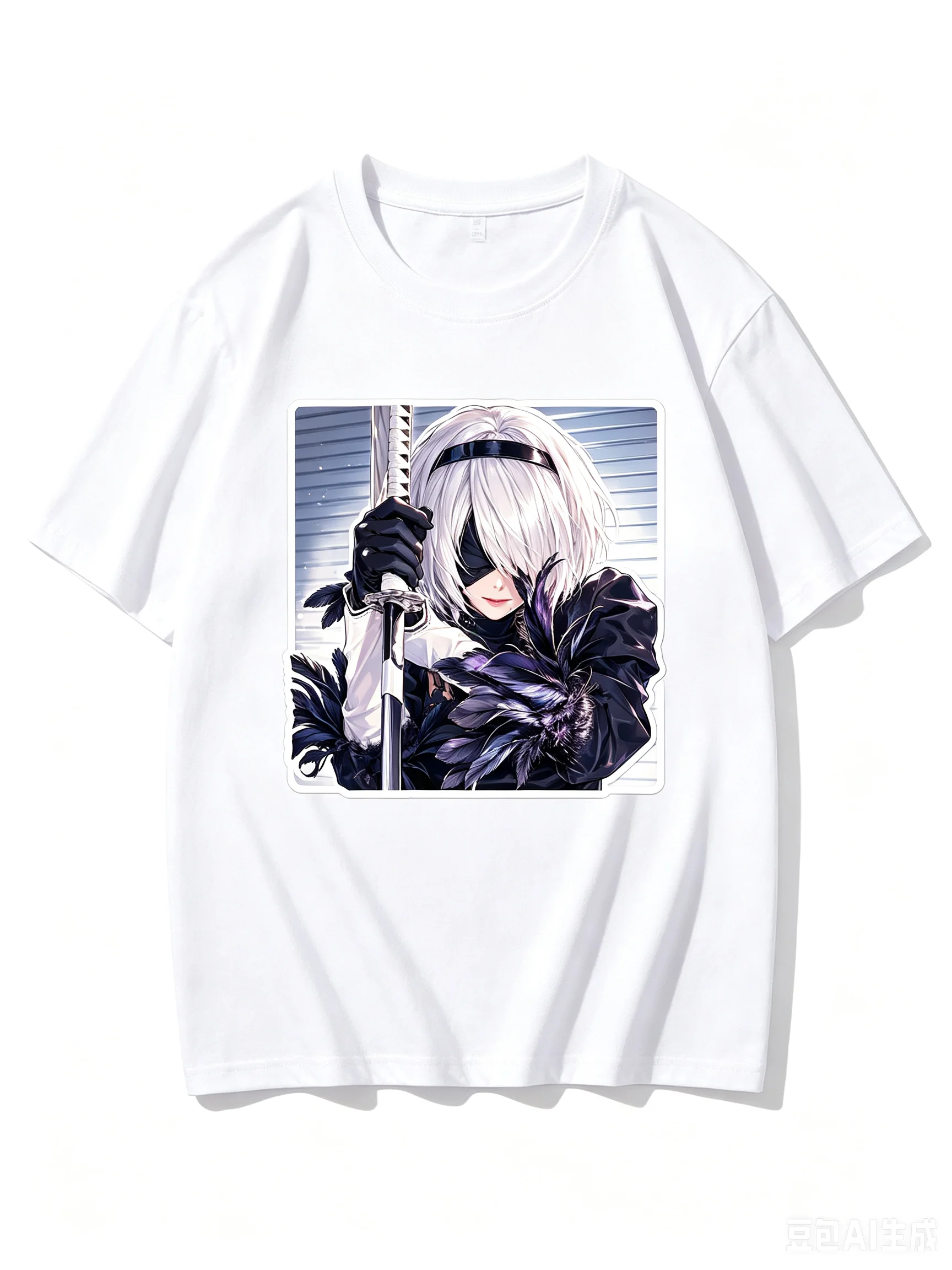 2026 New Unisex Crew Neck Casual Short Sleeve T-Shirt With Blindfolded Sword Gripping 2B Square Frame Anime Print T-Shirt