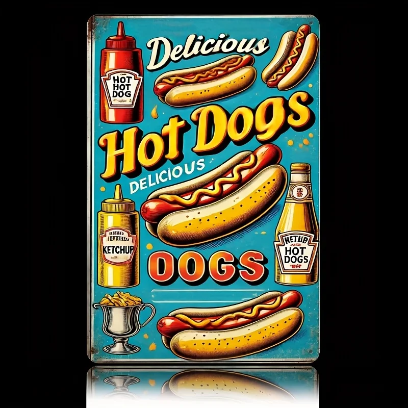 Sinal de metal vintage para cães-quentes, 8x12 espaços, decoração retrô engraçada de cozinha e bar com mostarda e ketchup, arte de parede de alumínio fácil de pendurar