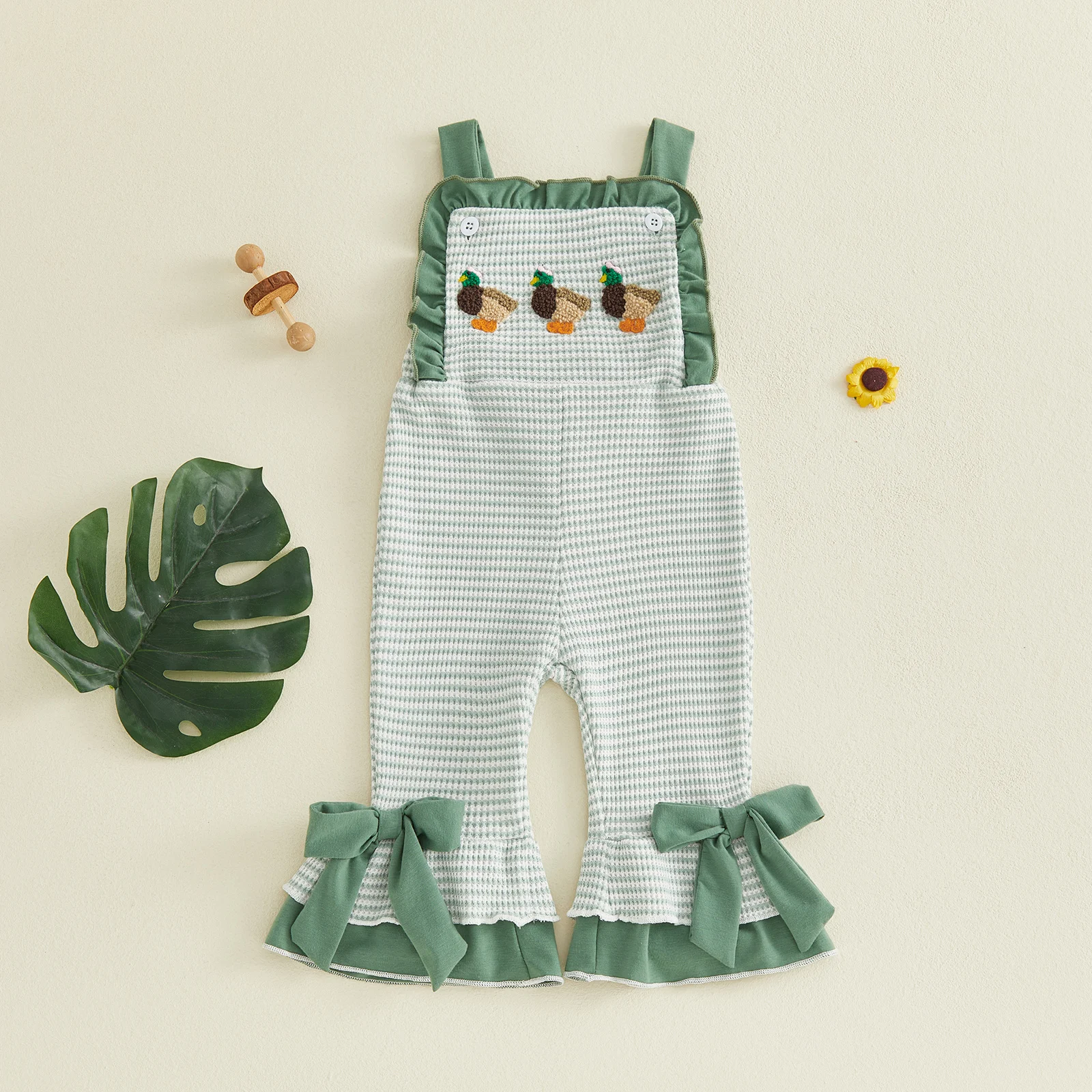 Toddler Baby Girl Jumpsuit Loose Fit Duck Pattern Striped Ruffled Trim Bows Sleeveless Overalls