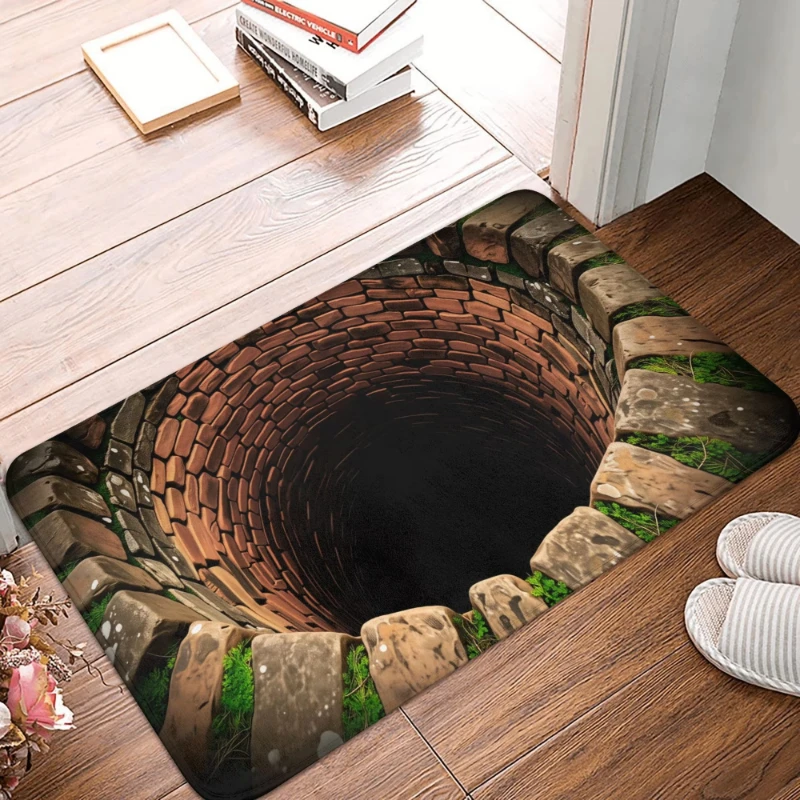 Realistic 3D Trap Hole Stone Brick Pattern Door Mat, Non-Slip Indoor Outdoor Welcome Rug for Kitchen Front Entrance Floor