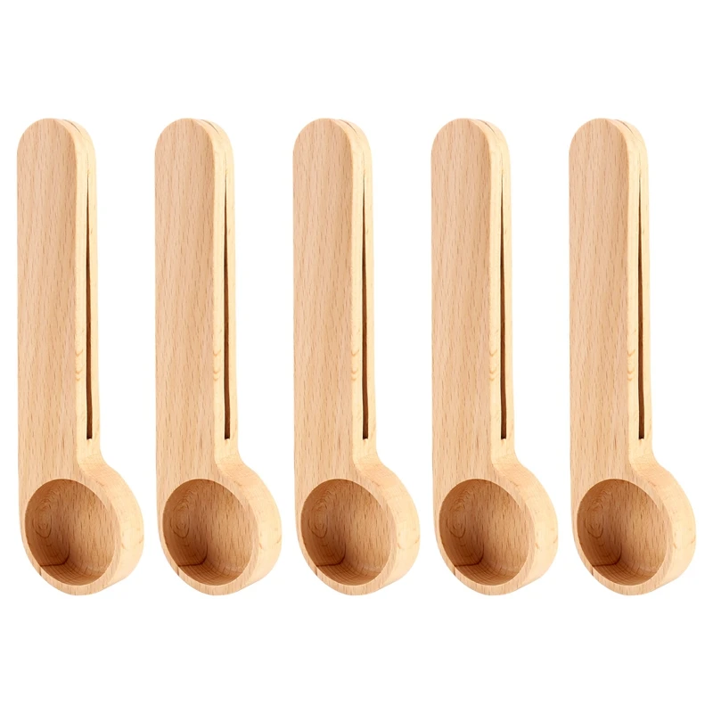 5 Pcs Wooden Coffee Scoop And Bag Clip Measure Spoon 2-In-1 Bags Sealer Measuring Spoon For Beans,Espresso Coffee,Tea