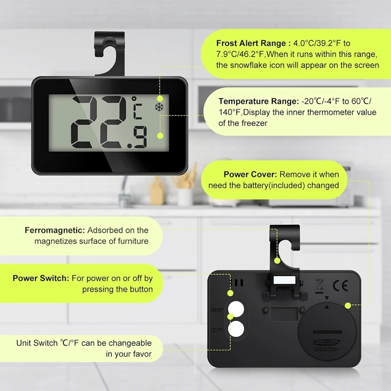 ABAE-Fridge Thermometer, 2 шт., цифровой холодильник с морозильной камерой, кухонный термометр для использования в помещении, водонепроницаемый, большой ЖК-дисплей