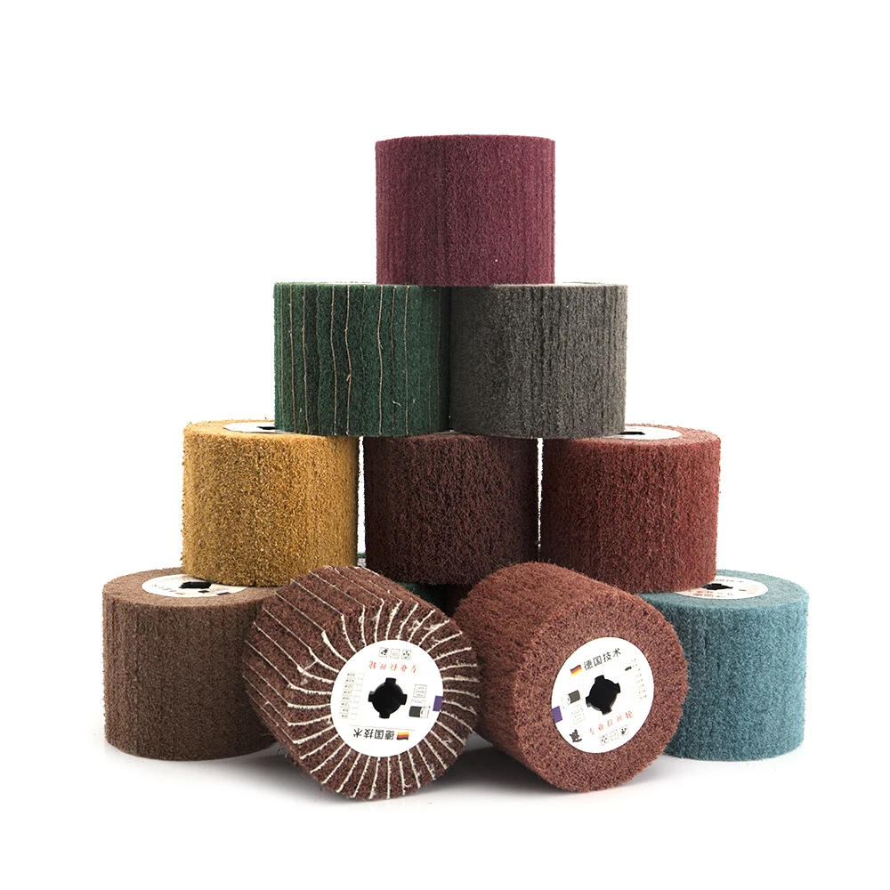 

SIFANG Non-woven Nylon Abrasive Flap Wheel Brush Wire Drawing Polishing Burnishing Drum Wheel for Stainless Steel