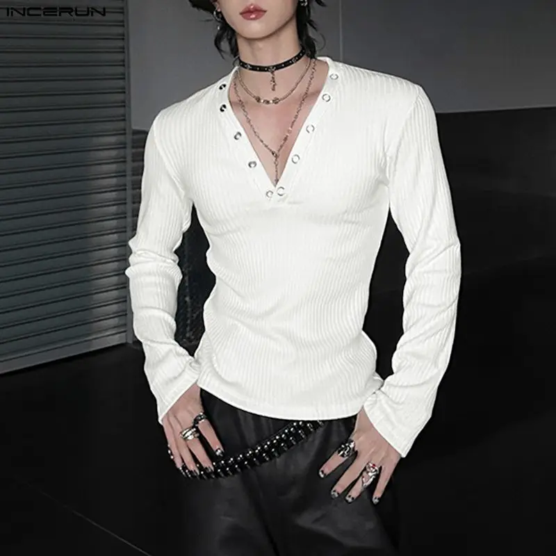 INCERUN الرجال تي شيرت بلون الخامس الرقبة طويلة الأكمام عادية الذكور المحملة القمم الشارع الشهير محبوك موضة الترفيه الرجال الملابس S-3XL