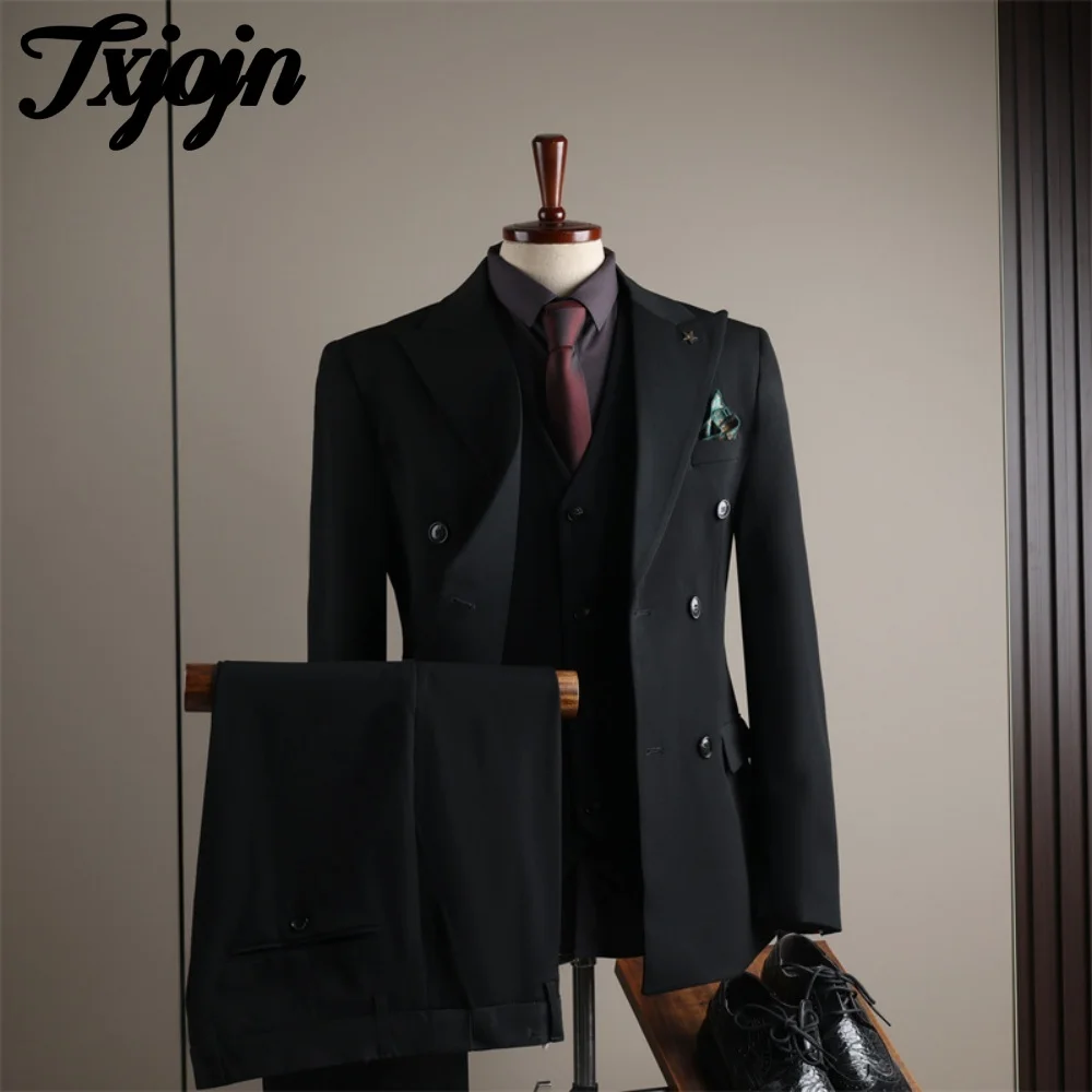 Classic Double Breasted Suit Set 3PCS 2025 For Wedding Formal Peak Lapel Men Suit Classic Solid Color Slim Suit For Groom Suit - Image 2