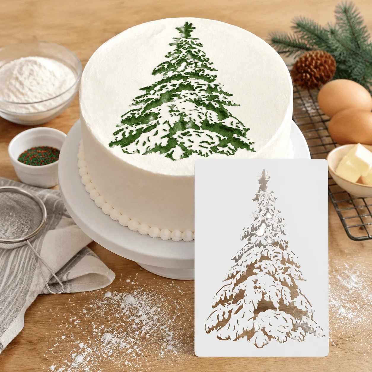 Christmas Snow Pine Tree Cake Decor Stencil, Food‑Grade PET Reusable Hollow Template for Fondant Cookie Dessert DIY