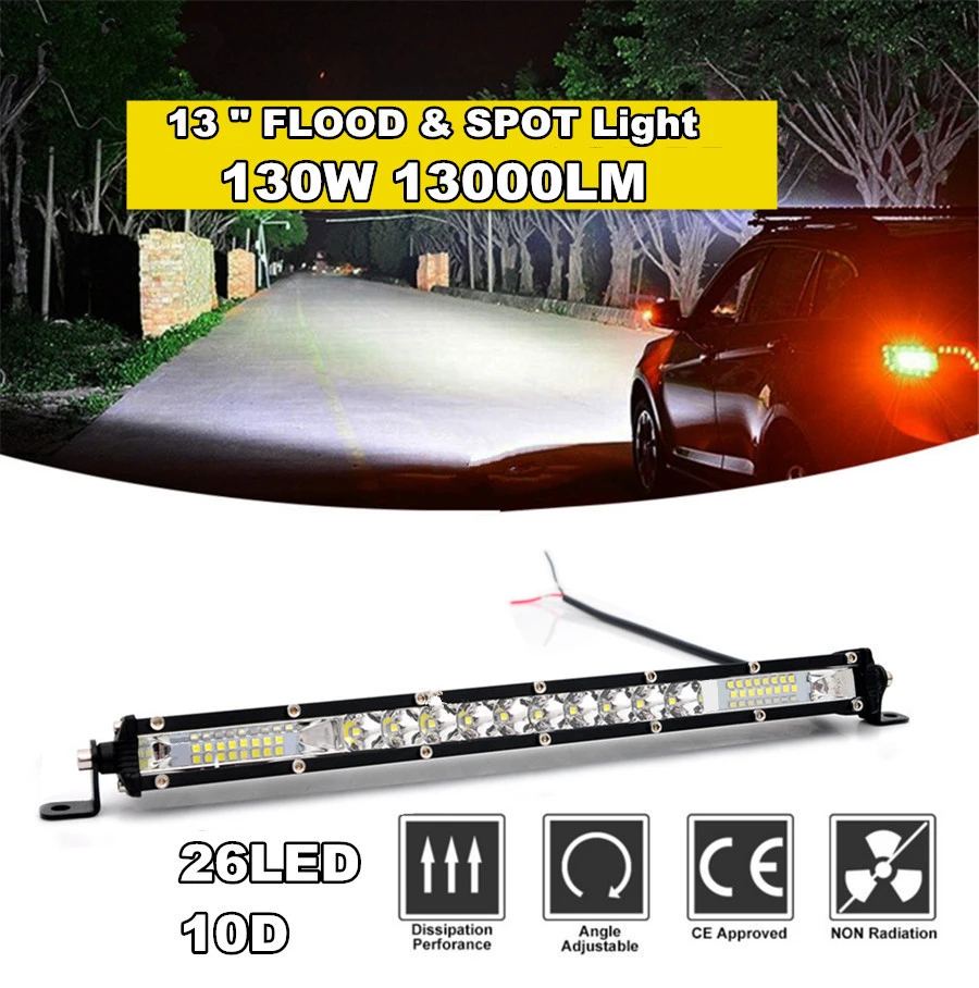 

33CM 130W 13000LM 6500K 26LED Single Row super Slim Work Light Bar Spot Flood Combo 4x4 Offroad LED Light Bar For Trucks ATV