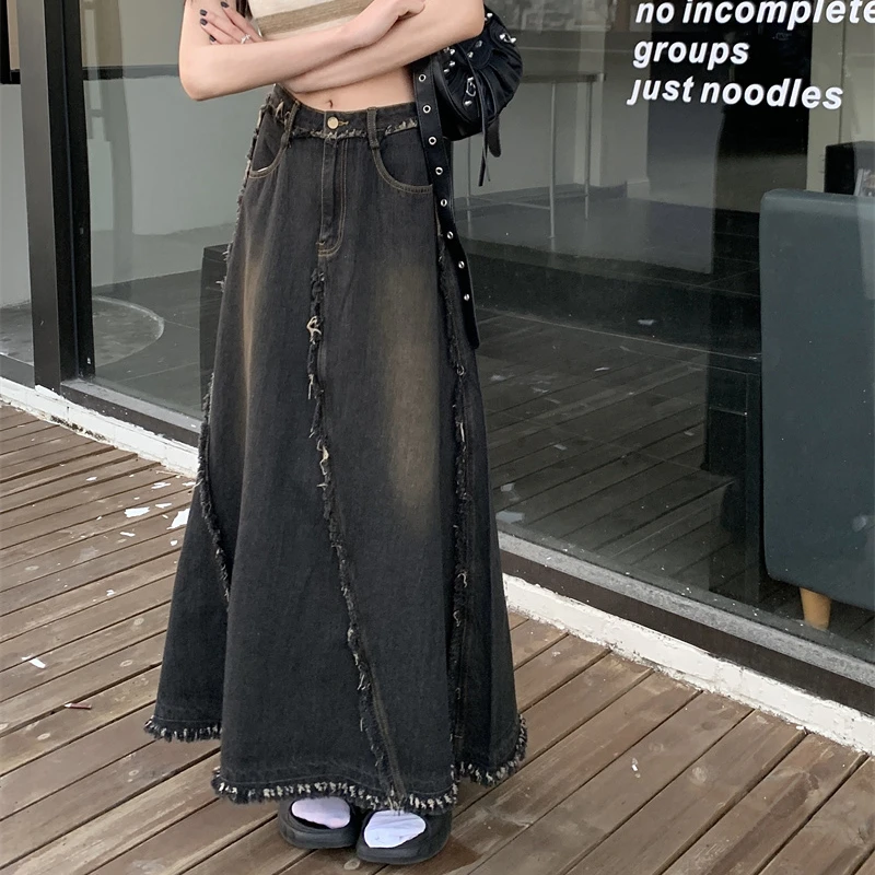 Autumn and Winter New Women Skirts American Retro Loose High-waisted A-line Patchwork High Street Daily Denim Long Skirt Female