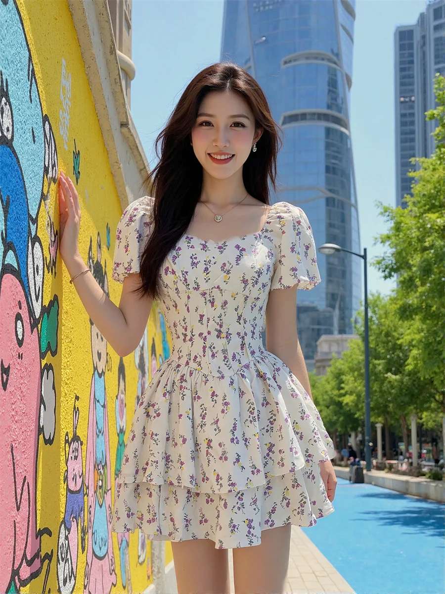 Vestidos brancos femininos para mulheres acima do joelho mini babado em camadas babados chiffon doce elegante feminino princesa sonhador