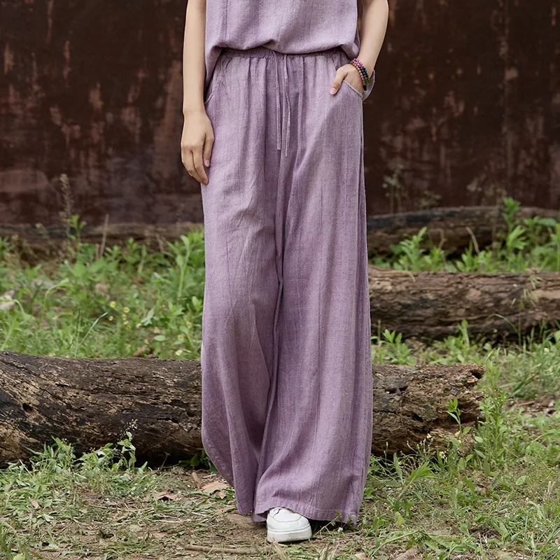 

Cotton Women's Cotton Linen Tie-Dye Pants Elastic Waist Tie Belt Flowing Loose Slim Wide Leg Pants Chinese Style